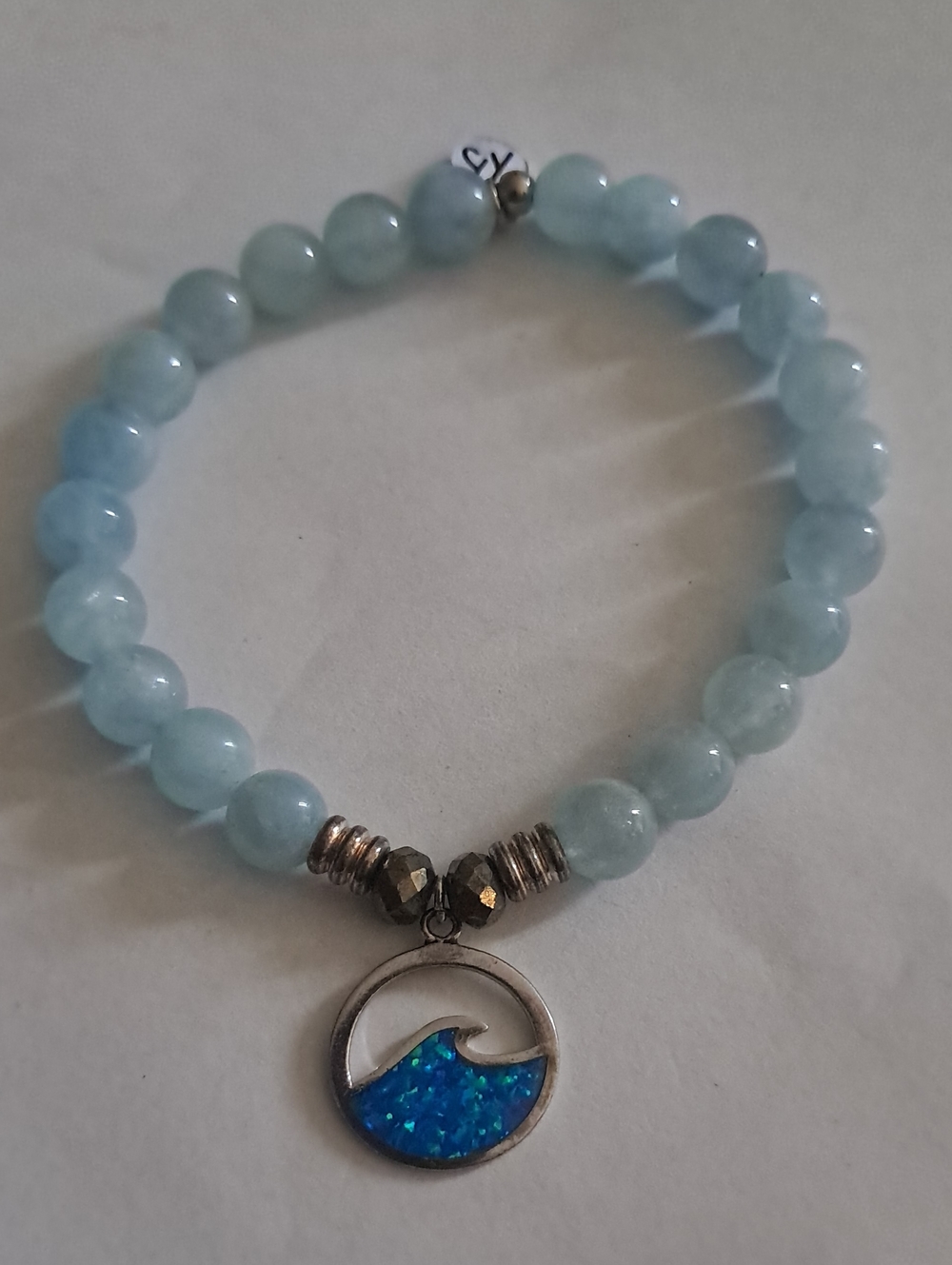 Authentic T. Jazelle Aquamarine Jade Serenity Wave Inlay Charm Bracelet